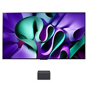 Front view with LG OLED evo TV, OLED M4, 11 Years of world number 1 OLED Emblem, webOS Re:New Program logo, 5-Year Panel Warranty logo on screen, and a Zero Connect Box with 4K 144Hz wireless video & audio transfer connected to a TV, and a Wi-Fi signal coming out of the box