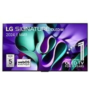 Vooraanzicht met LG OLED evo TV, OLED M4, 11 jaar wereldwijd nummer 1 OLED-logo, webOS Re:New Program-logo, 5 jaar paneelgarantie-logo op het scherm en een Zero Connect Box met 4K 144Hz draadloze video- en audio-overdracht verbonden met een tv en een wifisignaal dat uit de box komt