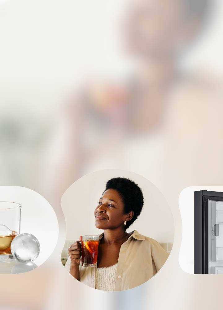 Een LG-koelkast, craft ice, een vrouw die geniet van een drankje en het Slim SpacePlus™-ijssysteem in de koelkastdeur.