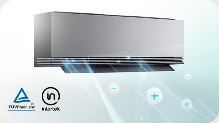 Witte wandgemonteerde airconditioner die de ionisatorfunctie toont, met de TÜV Rheinland- en Intertek-logo's.