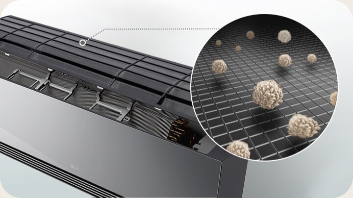 LG airconditioner met geopend paneel, waarbij een pre-filter stofdeeltjes opvangt in een close-up weergave.