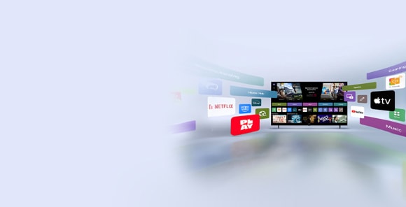 LG Smart TV met het webOS-startscherm met entertainment-apps en LG Channels gebruikersinterface-elementen die op dynamische vermenigvuldigen, waardoor uiteindelijk meer dan 4000 wereldwijde apps en kanalen worden getoond.