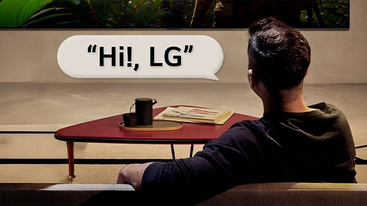 Persoon in een woonkamer. Een spraakballon laat zien hoe ze communiceren met hun LG TV door gewoon “Hi LG” te zeggen.