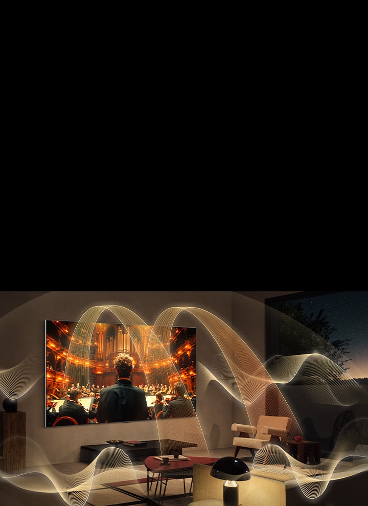 Een woonkamer met een LG TV. Grafische weergaven van geluidsgolven vullen de hele ruimte en tonen het rijke surroundgeluid van virtuele 11.1.2 kanalen. 