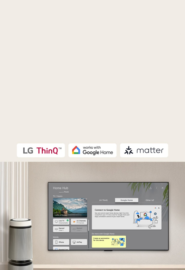 Een LG TV met Home Hub op het scherm. UI toont Google Home, ThinQ en andere zaken op het IoT, die laten zien hoe je eenvoudig al je slimme apparaten op je tv kunt beheren.