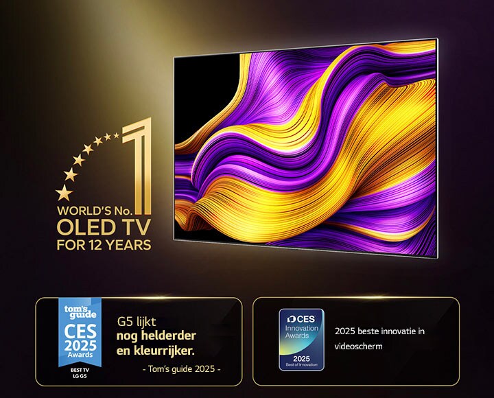 LG OLED TV met het embleem ‘World’s number 1 OLED TV for 12 Years’ (’s werelds beste OLED TV voor 12 jaar). Ook de gewonnen prijzen worden vermeld. Tom's Guide, 2025 CES Awards, Best TV en G5 lijken nog helderder en kleurrijker. 2025 CES Innovation Awards, 2025 Beste innovatie in de categorie videoweergave.