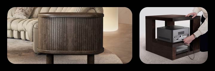 Scènes die tonen hoe de Zero Connect Box alles eenvoudig en comfortabel maakt. In één van de scènes worden er andere apparaten op de Zero Connect Box aangesloten die onder een bijzettafeltje staat. In een andere scène wordt getoond hoe de Zero Connect Box eenvoudig kan worden opgeborgen in een compartiment van een bijzettafel met deurtjes.