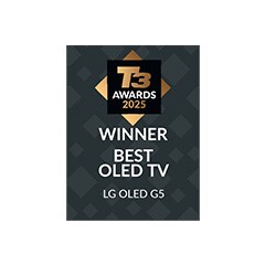 Logo van de T3 Awards 2025 met de tekst: WINNAAR BESTE OLED TV – LG OLED G5.