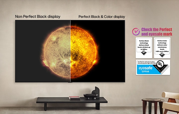 LG OLED TV toont een visuele vergelijking tussen een scherm met Perfecte kleur en Perfect zwart en een scherm zonder deze technologieën. UL- en eyesafe-certificeringen zijn zichtbaar met een tekst die aangeeft dat de markeringen moeten worden gecontroleerd.