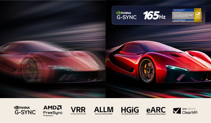 Twee afbeeldingen van een auto in een videogame naast elkaar. Eén vertoont veel bewegingsonscherpte. De andere is scherp en laat de hoge beeldsnelheid van LG OLED TV zien. Het Nvidia G-Sync-logo, het 165Hz-logo, de Intertek-badge voor een responstijd van 0,1 ms en andere relevante certificeringen zijn te zien. 