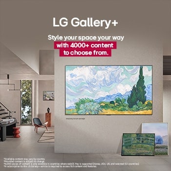 De binnenkant van een verfijnd huis. Veel verschillende kunstwerken zijn te zien. Op de middelste muur is een LG TV te zien met een kunstwerk op het scherm. De tv lijkt op een schilderij uit een museum.