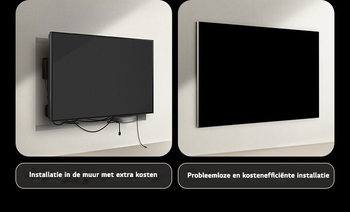 Een vergelijking tussen een bedrade TV en een LG True Wireless TV wat betreft installatie. Aan de kant van de bedrade TV lijkt er extra constructiewerk nodig te zijn om alle andere apparaten achter de TV te verbergen. De rommelige opstelling en draden zijn nog steeds zichtbaar door de kieren. Op het label staat: installatie in de muur tegen extra kosten. Aan de LG True Wireless kant is de TV netjes aan de muur bevestigd. Er zijn geen draden of apparaten zichtbaar. Op het label staat: geen gedoe en kostenloze installatie. 