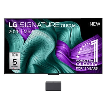 Vooraanzicht van de LG OLED M5 TV. Embleem met 12 Years of world number 1 OLED en ‘LG OLED evo AI 2025’-logo staan op het scherm. Zero Connect Box in de hoek met de titel Zero Connect Box met 4K 144 Hz draadloze video- en audio-overdracht
