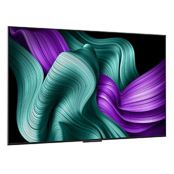 Vooraanzicht en zijaanzicht van een LG OLED M5 TV die de lengte-, breedte-, hoogte- en diepteafmetingen weergeven.