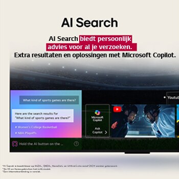 Close-up van een LG OLED TV-scherm waarop te zien is hoe AI Search werkt. Er wordt een klein chatscherm geopend dat weergeeft hoe de gebruiker heeft gevraagd voor de beschikbare sportwedstrijden. AI Search reageert via chat en via miniatuurafbeeldingen van verschillende beschikbare inhoud weer te geven. Er wordt ook gevraagd om het aan Microsoft Copilot te vragen. 