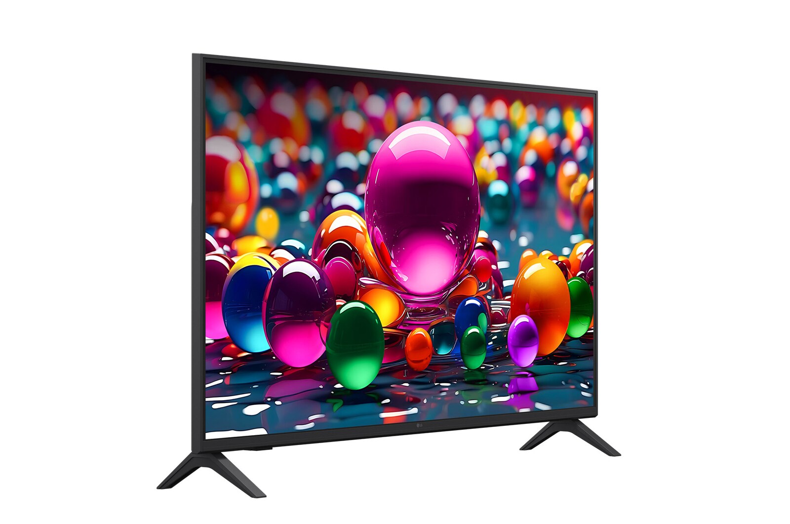 Naar links gericht zijaanzicht van een LG UHD US75 TV.
