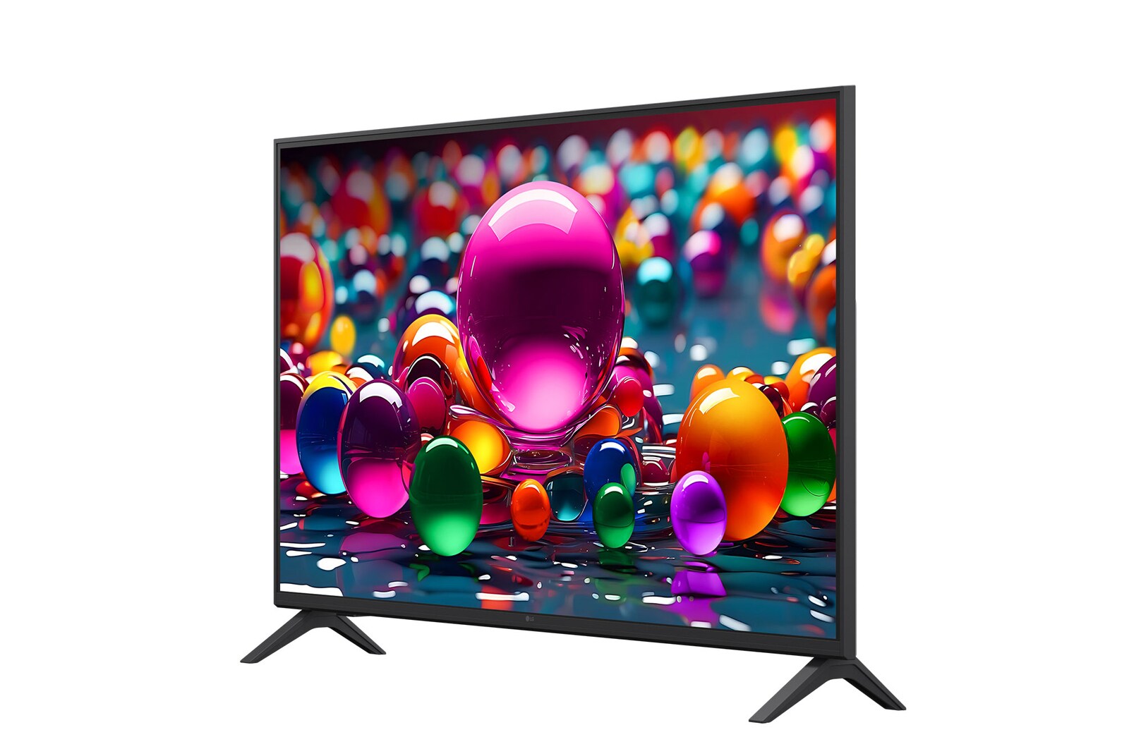 Vooraanzicht en zijaanzicht van een LG UHD AI UA75 4K Smart TV die de lengte-, breedte-, hoogte- en diepteafmetingen weergeven.