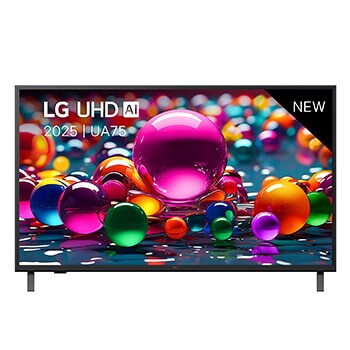 Vooraanzicht van UHD UA75 TV, LG UHD Al-logo in de bovenhoek. LG UHD TV brengt kleurrijke, schilderachtige texturen bij elkaar. 