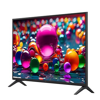 Vooraanzicht en zijaanzicht van een LG UHD AI UA75 4K Smart TV die de lengte-, breedte-, hoogte- en diepteafmetingen weergeven.
