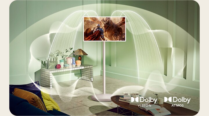 Geluidsgolven afkomstig van StanbyME 2 met Dolby Vision- en Dolby Atmos-logo's weergegeven.