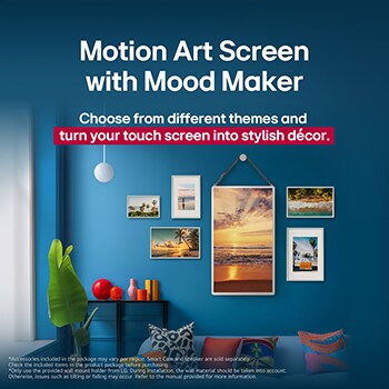 LG StanbyME 2 wordt aan de muur gehangen om het Motion Art Screen te laten zien. Mood Maker is in gebruik. Er is een kunstwerk te zien dat laat zien hoe het kan worden gebruikt als een stijlvolle toevoeging aan elke ruimte.