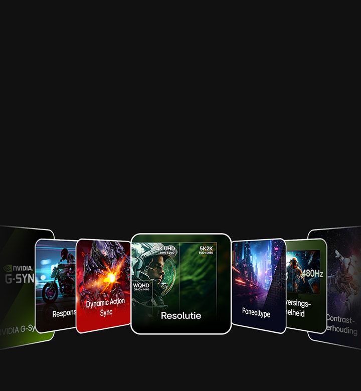 LG Monitor-banner met functietegels voor responstijd, resolutie en vernieuwingsfrequentie.