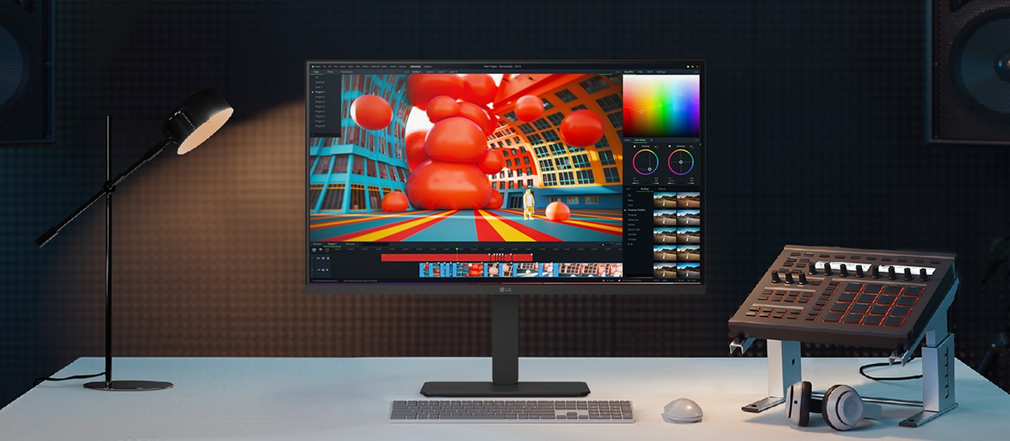 Een LG UltraFine-monitor op een bureau in een muziekstudio toont kleurrijke 3D-videobewerkingssoftware, met een mengpaneel en hoofdtelefoon in de buurt.