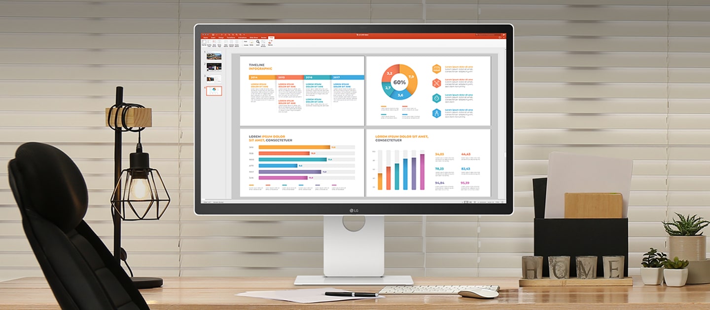 Een LG-monitor op een bureau toont infographics, omringd door een toetsenbord, bureaustoel, bureaulamp, maphouder en kleine planten in een gezellige thuiskantooropstelling.