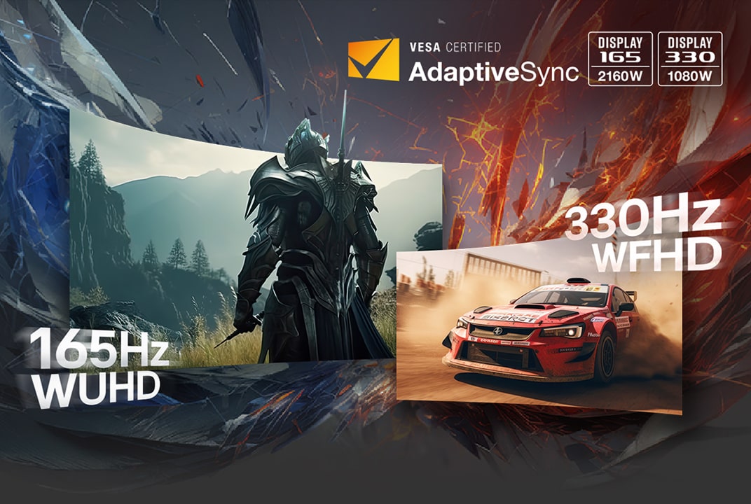 Een ridder en raceauto tonen respectievelijk 165Hz WQHD en 330Hz WFHD.