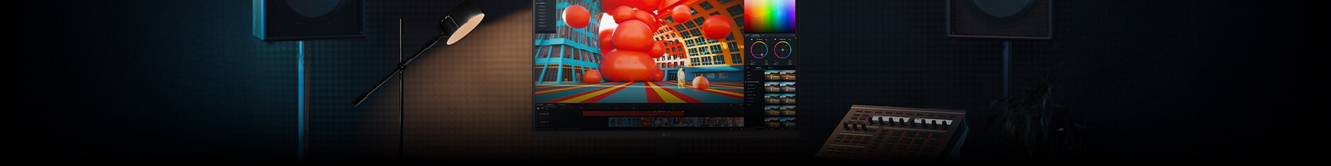 Een man bewerkt een foto van twee modellen op een LG UltraWide-monitor. Het scherm toont bewerkingshulpmiddelen en kleuraanpassingspanelen. Op het bureau staan een DSLR-camera, een toetsenbord en een muis.