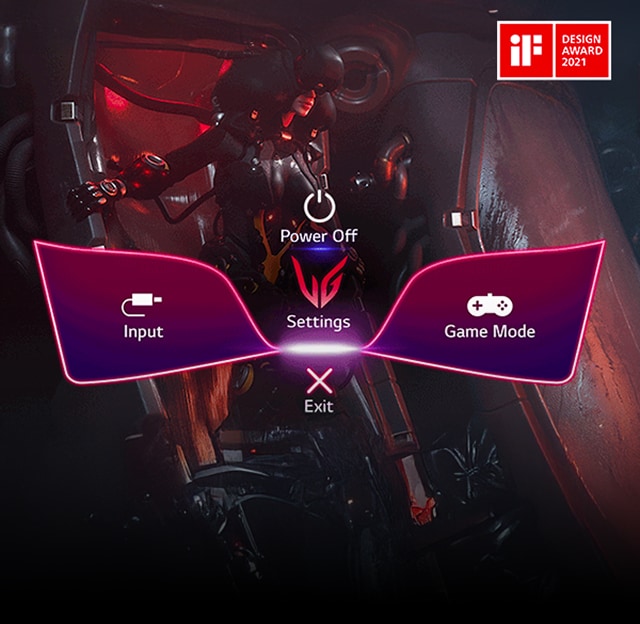 Het gaming-GUI On-Screen Display van de LG UltraGear-monitor toont opties voor Invoer, Instellingen, Game Mode, Uitschakelen en Afsluiten, met een futuristisch gamepersonage op de achtergrond en het iF Design Award 2021-logo in beeld.