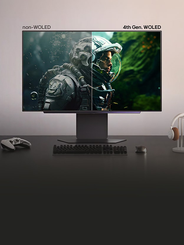 Een monitor toont links een niet-WOLED-scherm met doffere kleuren en rechts een 4e generatie WOLED met helderdere, levendige kleuren.