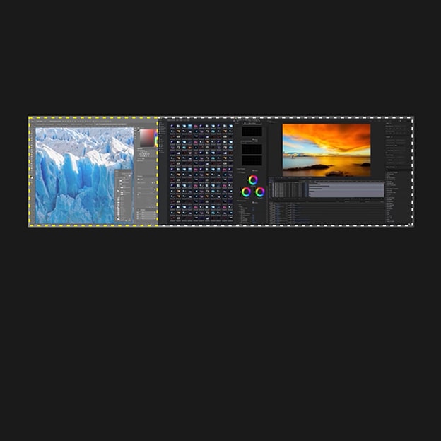 De animatie toont intuïtief een 49″ 32:9 Dual QHD (5120x1440)-monitor in vergelijking met monitoren van 29″, 34″, 38″ en 39,7″.