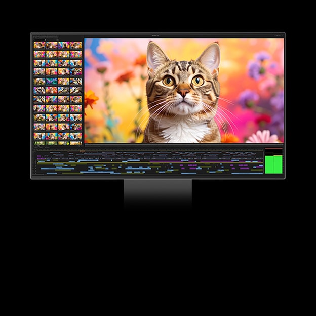 Op het scherm van een monitor is een kat te zien met een kleurrijke bloemrijke achtergrond, terwijl het onderste gedeelte van het scherm een videobewerkingsprogramma toont met tijdlijn, voorbeeldclips en kleurafstelpanelen.