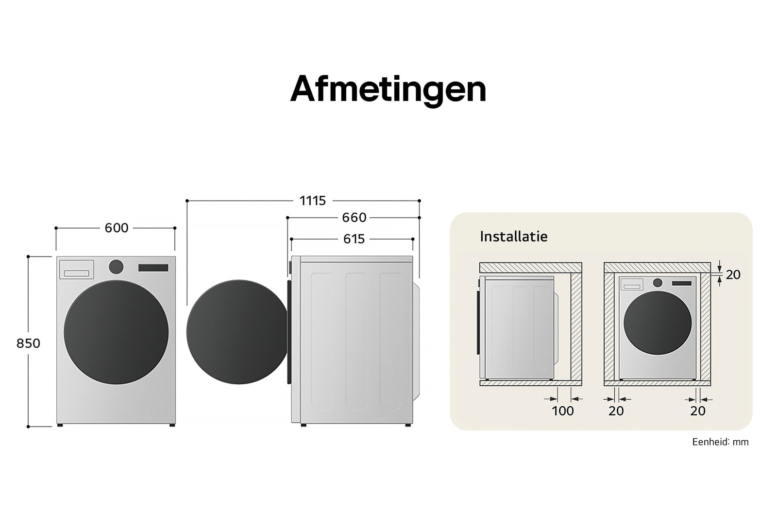Technische tekening van de LG droger: B 600, H 850, D 615 mm (deur open 1115 mm), incl. installatieruimte.
