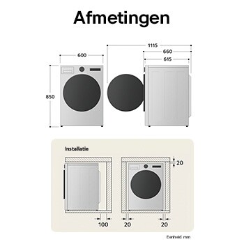 Technische tekening van de LG droger: B 600, H 850, D 615 mm (deur open 1115 mm), incl. installatieruimte.