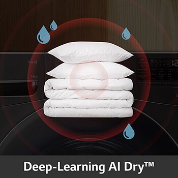 De LG 18 kg droger RH18U8AVCW met Deep-Learning AI Dry™-technologie, die sensoren gebruikt om vocht te detecteren voor optimale droogprestaties.