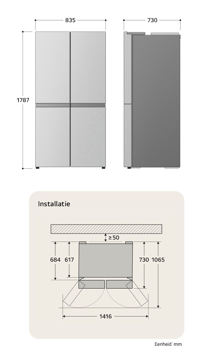 LG Multi-Door Koelkast GMG860EPBE toont de gedetailleerde inbouwafmetingen en productgrootte, met een hoogte van 1787 mm, breedte van 835 mm en diepte van 730 mm.