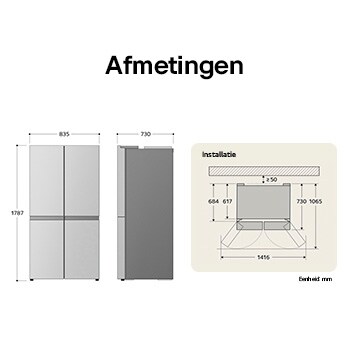 LG Multi-Door Koelkast GMG860EPBE toont de gedetailleerde inbouwafmetingen en productgrootte, met een hoogte van 1787 mm, breedte van 835 mm en diepte van 730 mm.