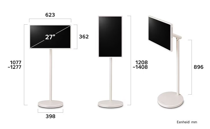LG StanbyME 2 Super Draagbare Touch 27": 623×362×398mm voet, 1077-1277mm hoogte, staand/liggend modes