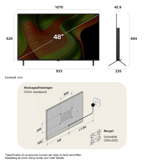 Afmetingsweergave van LG OLED AI B5 4K 48-inch, 1070×684×235 mm, panel 45.9 mm, VESA 300x200.