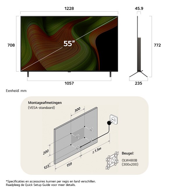 Afmetingsweergave van LG OLED AI B5 4K 55-inch, 1228×772×235 mm, panel 45.9 mm, VESA 300x200.