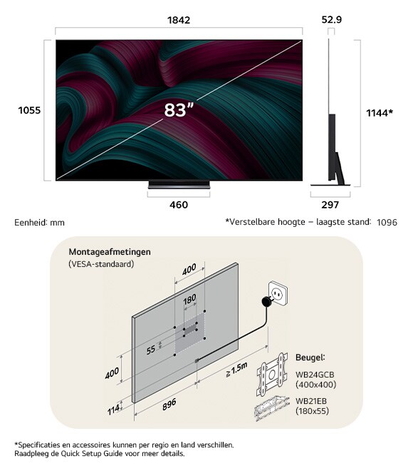 Afmetingsweergave van LG OLED evo AI C5 4K 83-inch, 1842×1144×297 mm, panel 52.9 mm, VESA 400x400, lowest position 1096 mm.