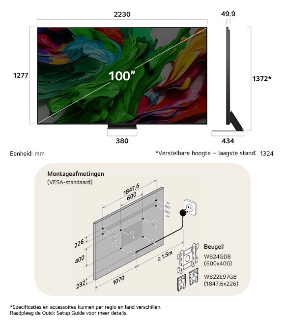 Afmetingsweergave van LG QNED MiniLED AI QNED86 4K 100-inch, 2230×1372×434 mm, panel 49.9 mm, VESA 600x400, lowest position