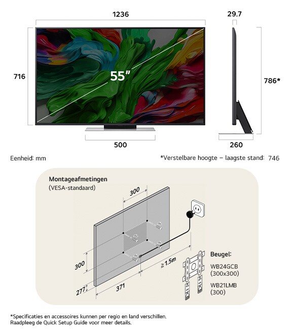 Afmetingsweergave van LG QNED MiniLED AI QNED86 4K 55-inch, 1236×786×260 mm, panel 29.7 mm, VESA 300x300, lowest position 74.