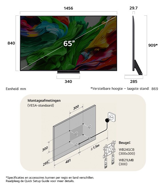 Afmetingsweergave van LG QNED MiniLED AI QNED86 4K 65-inch, 1456×909×285 mm, panel 29.7 mm, VESA 300x300, lowest position 86.
