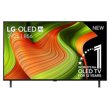 Vooraanzicht van LG OLED AI C5 4K Smart TV. 12 jaar nummer 1 OLED-embleem ter wereld en het LG OLED AI 2025-logo staan op het scherm.