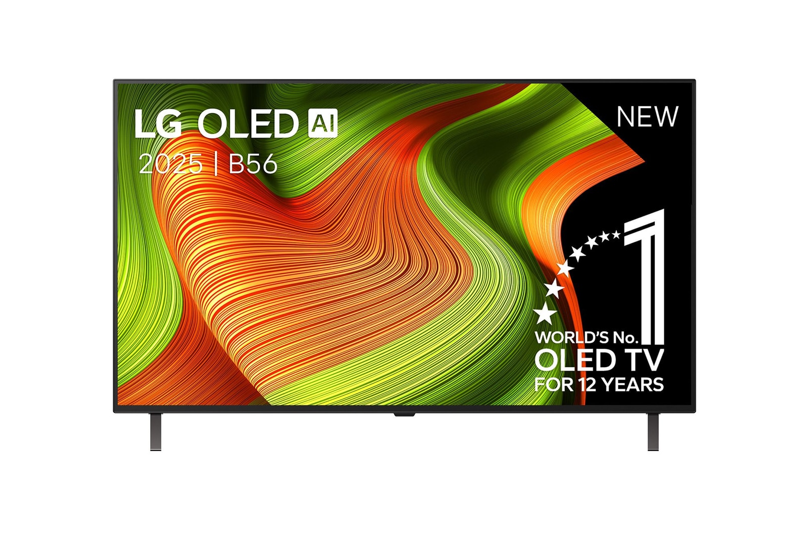 Vooraanzicht van LG OLED  AI C5 4K Smart TV. 12 jaar nummer 1 OLED-embleem ter wereld en het LG OLED  AI 2025-logo staan ​​op het scherm.