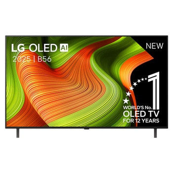 Vooraanzicht van LG OLED AI C5 4K Smart TV. 12 jaar nummer 1 OLED-embleem ter wereld en het LG OLED AI 2025-logo staan op het scherm.