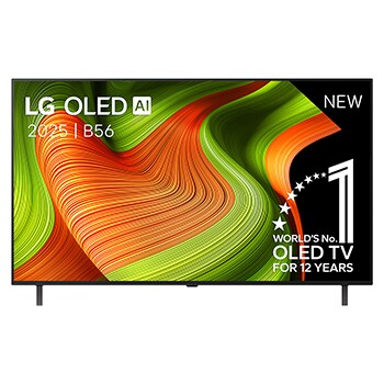 Vooraanzicht van LG OLED AI C5 4K Smart TV. 12 jaar nummer 1 OLED-embleem ter wereld en het LG OLED AI 2025-logo staan op het scherm.